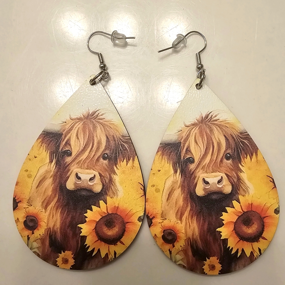 Cow and Sunflower Teardrop Earrings